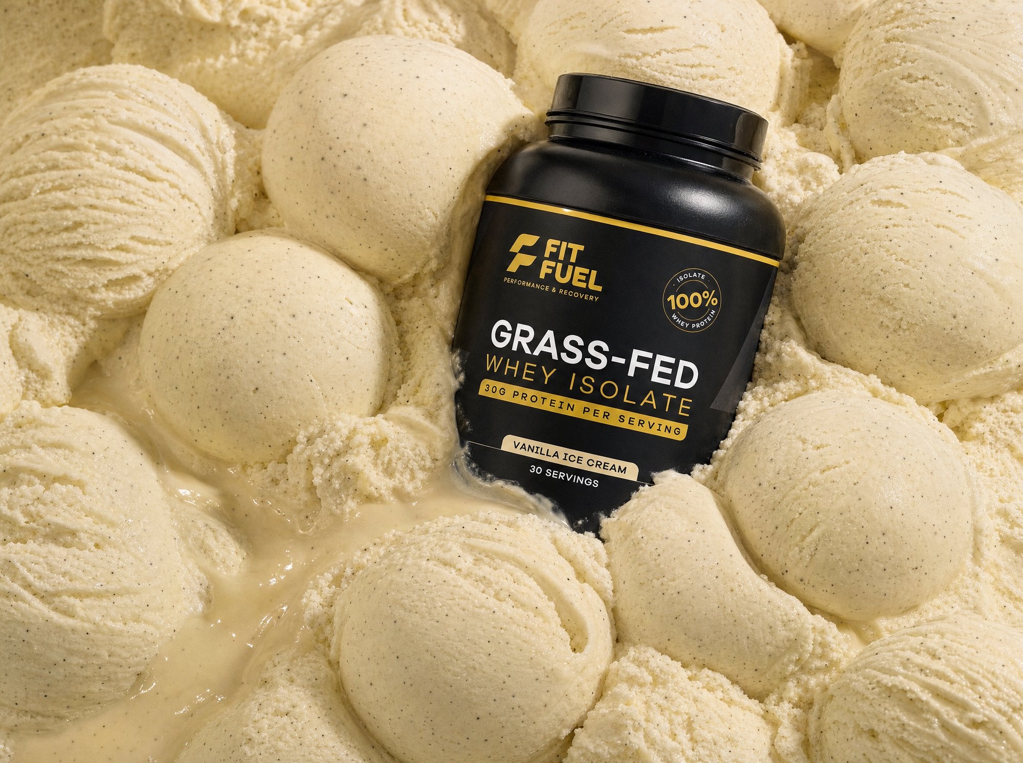 The FitFuel jar nested in a bed of real vanilla ice cream scoops