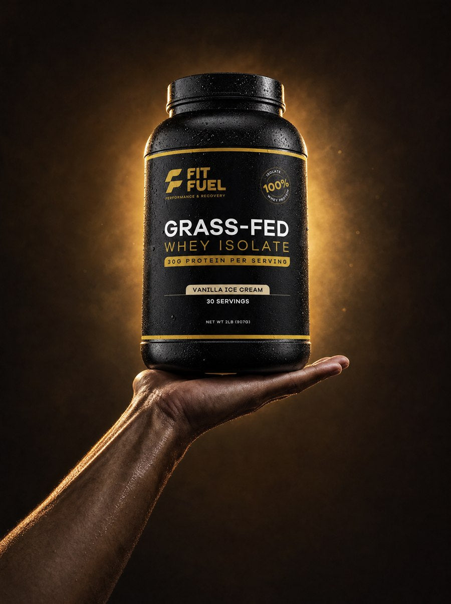 A hand holding up a FitFuel jar in an amber halo