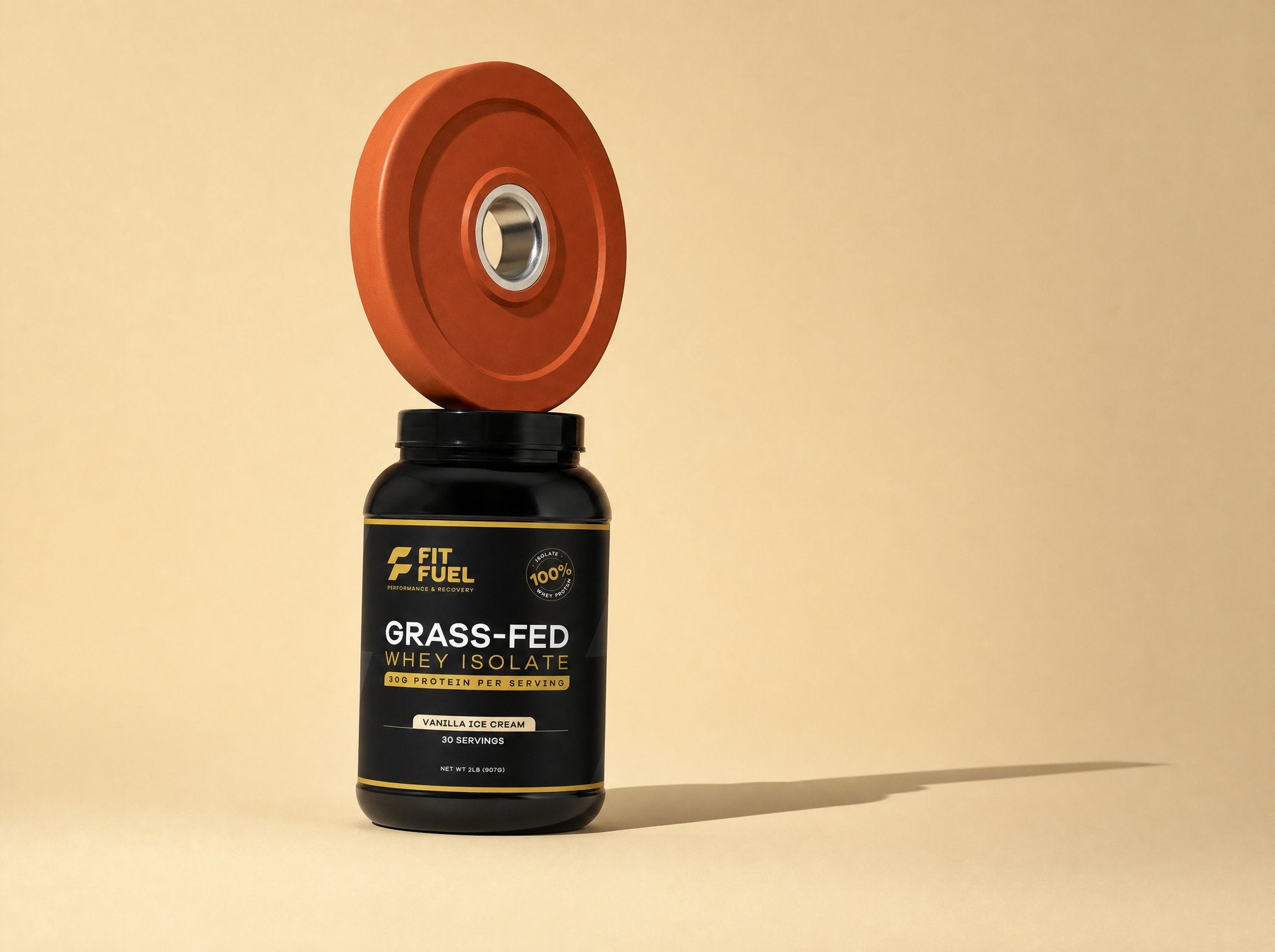 A terracotta fractional plate balanced on edge on the FitFuel jar lid