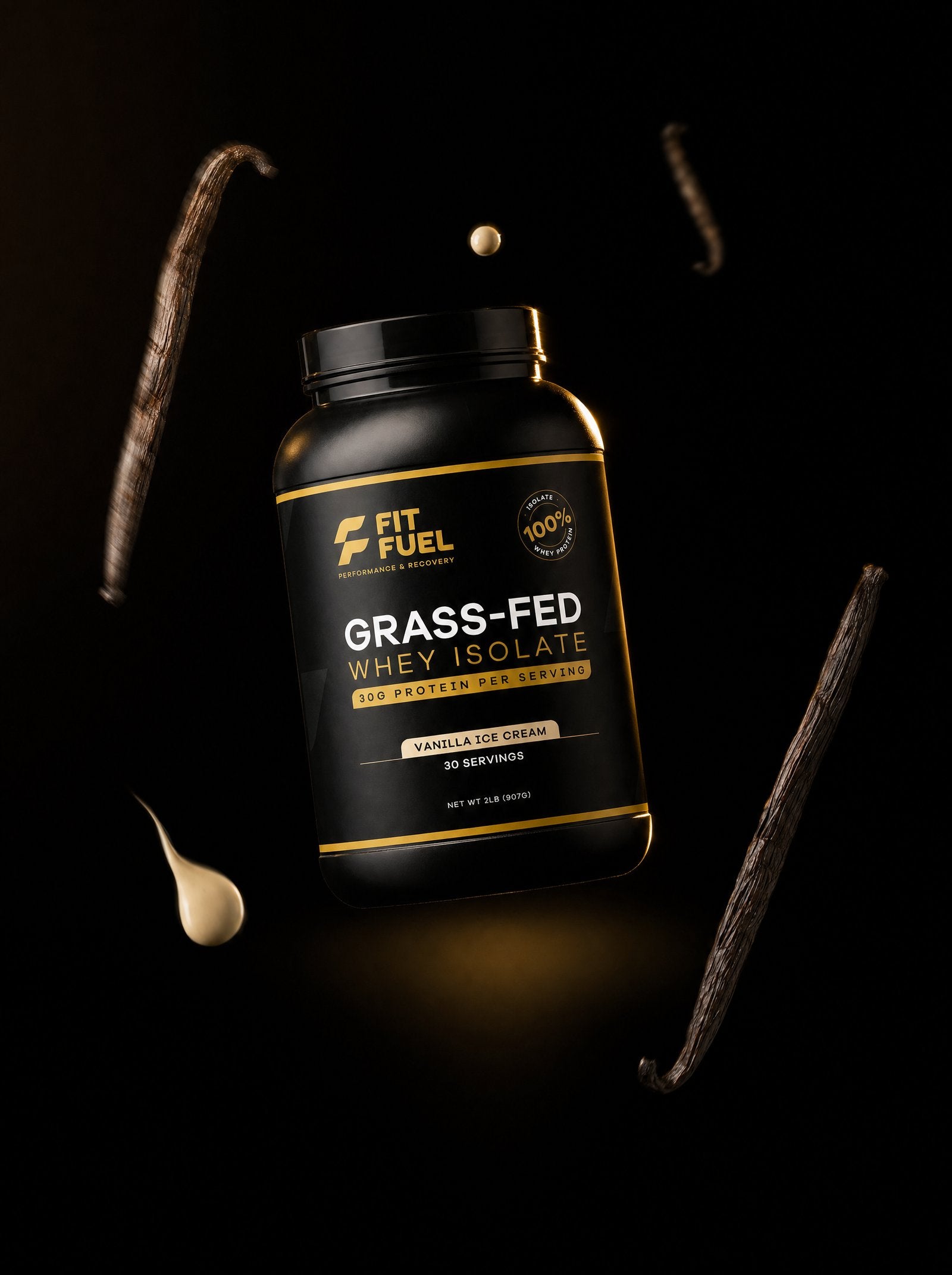 FitFuel Vanilla jar suspended in an onyx void while real vanilla pods and cream fall around it