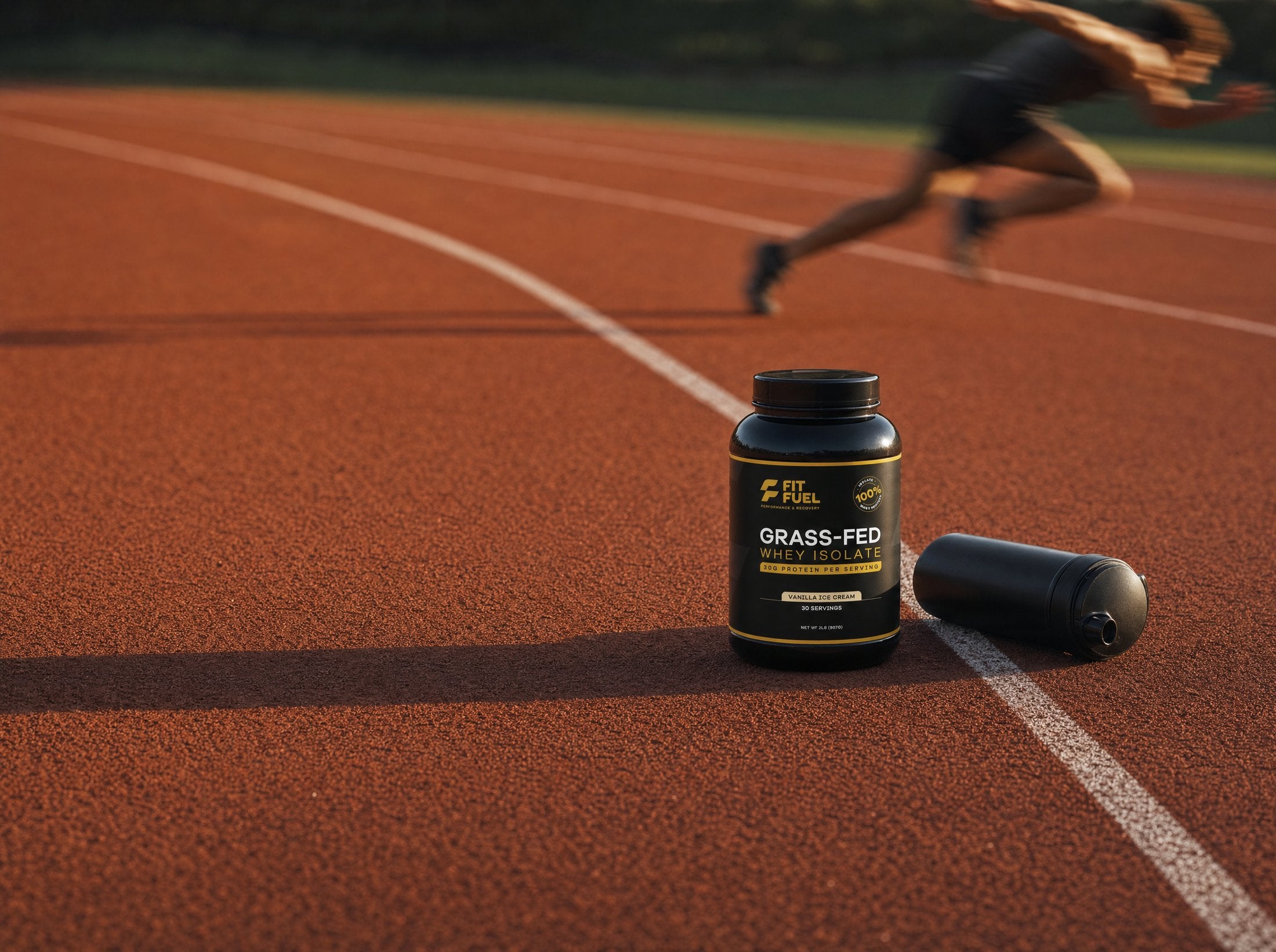 The FitFuel jar standing still on lane one at golden hour while a runner blurs past behind it